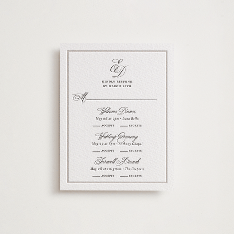 "Royal" - Letterpress Multi-Event RSVP Cards in Dove Grey | Soft Black by Melinda Denison - Front