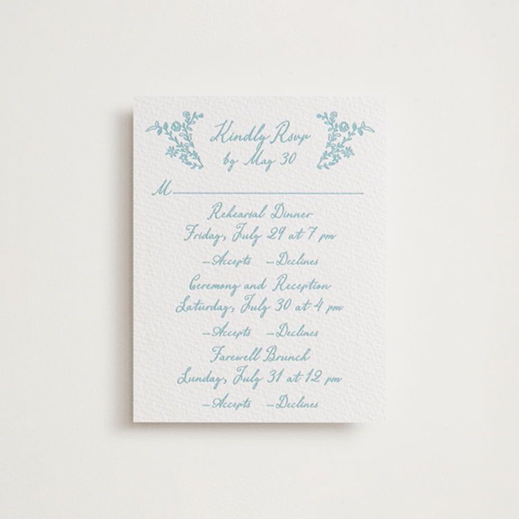 "Garden romance" - Letterpress Multi-Event RSVP Cards in Robin's Egg by Creo Study - Front