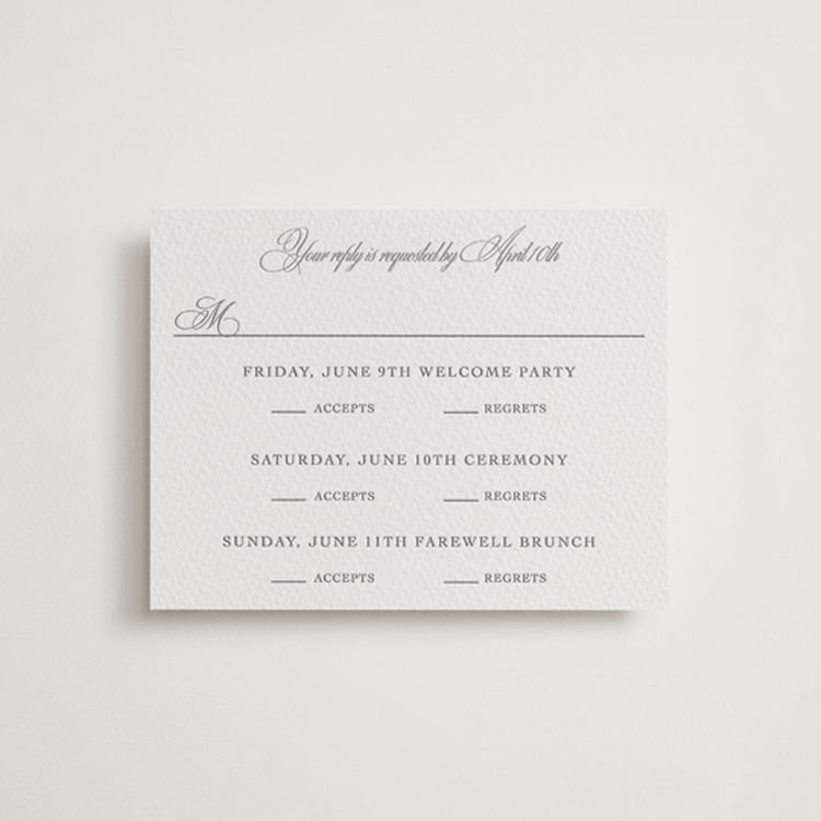 "Bradford" - Letterpress Multi-Event RSVP Cards in Graphite by Megan Davis - Front