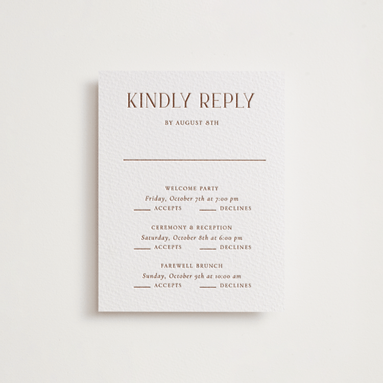 "chic" - Letterpress Multi-Event RSVP Cards in Burnt Sienna by Vanessa Doyle - Front