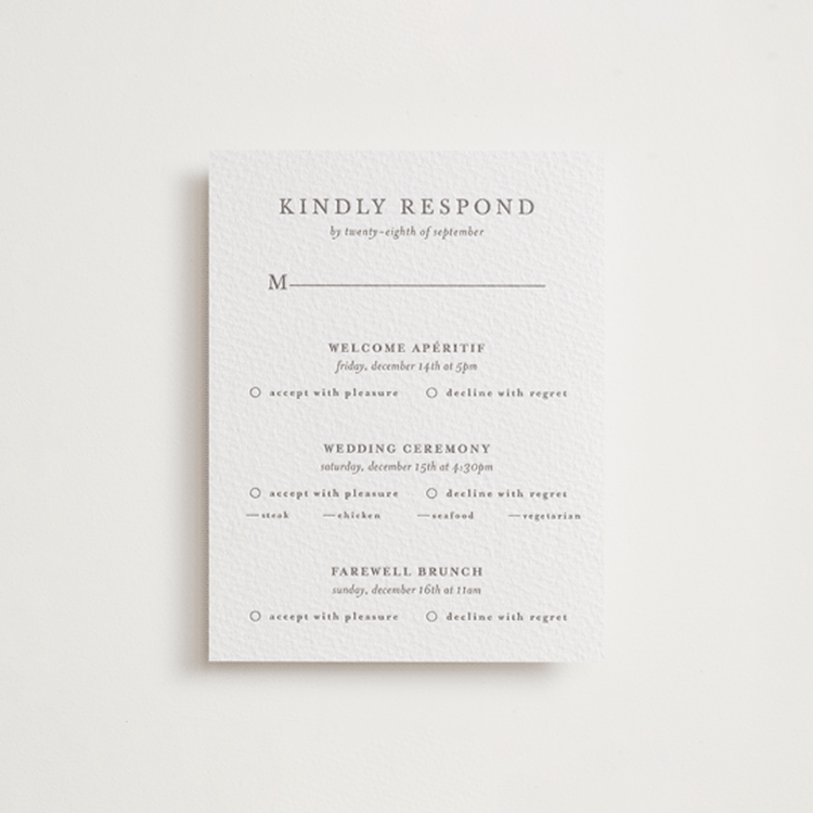 "Bouvardia" - Letterpress Multi-Event RSVP Cards in Graphite by Deynaaz Daraei - Front