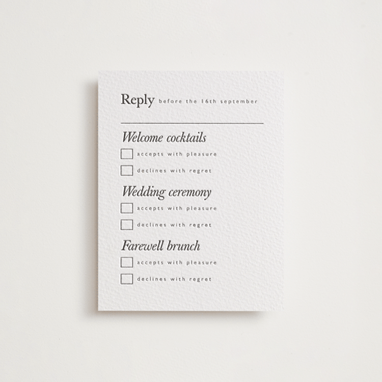 "Westin" - Letterpress Multi-Event RSVP Cards in Soft Black by Hudson meet Rose - Front