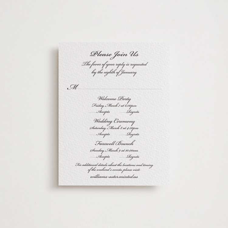 "Astor Elegance" - Letterpress Multi-Event RSVP Cards in Soft Black | Blind Deboss by Clover and Lamb - Front