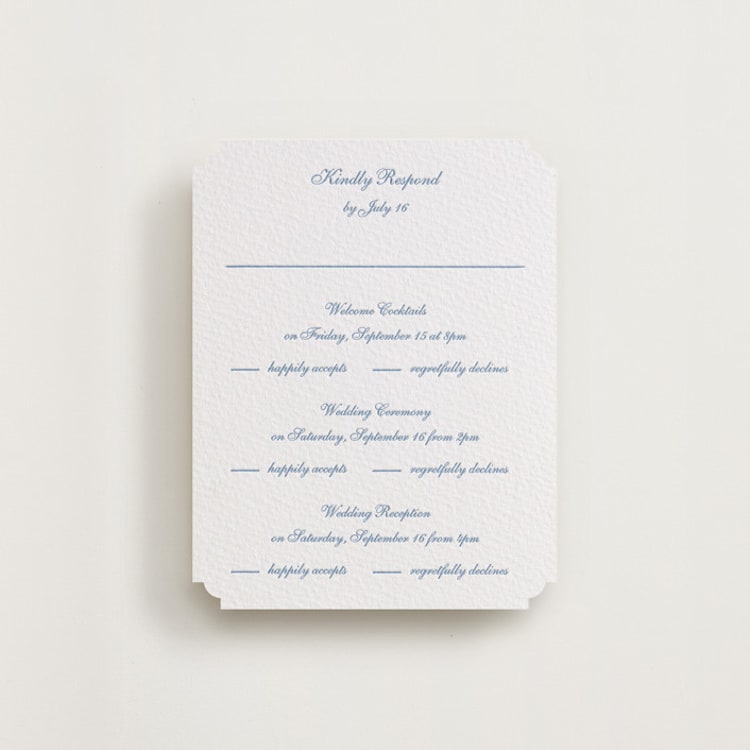"Villa" - Letterpress Multi-Event RSVP Cards in Pacific Blue by Blustery August - Front