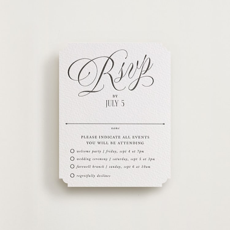 "Mirin" - Letterpress Multi-Event RSVP Cards in Soft Black by Kate Ahn - Front