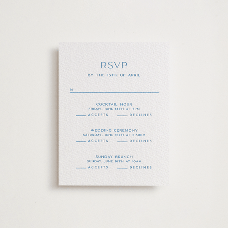 "Brooklyn" - Letterpress Multi-Event RSVP Cards in Marine Blue by Ellen Schlegelmilch - Front