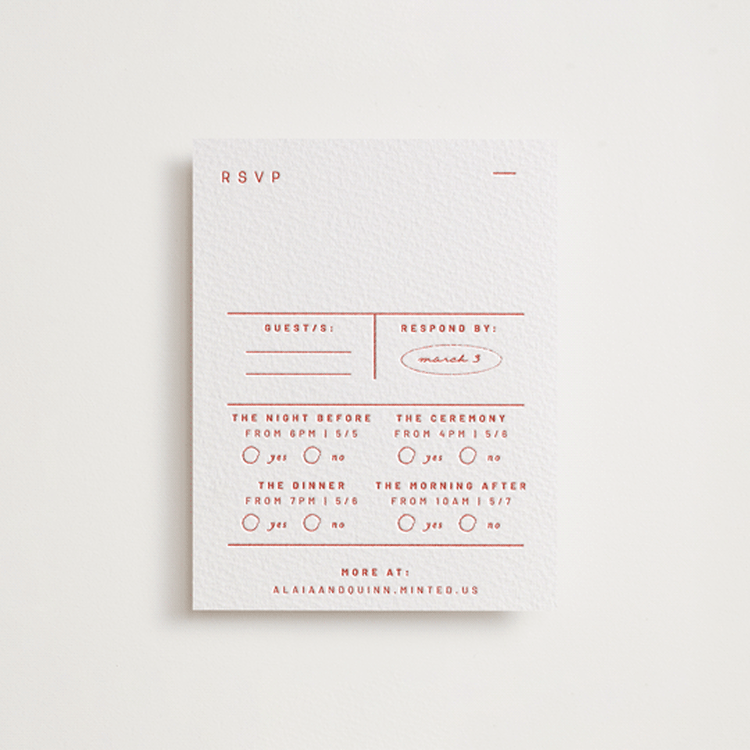 "Alaia" - Letterpress Multi-Event RSVP Cards in Verona Sunset by Blustery August - Front