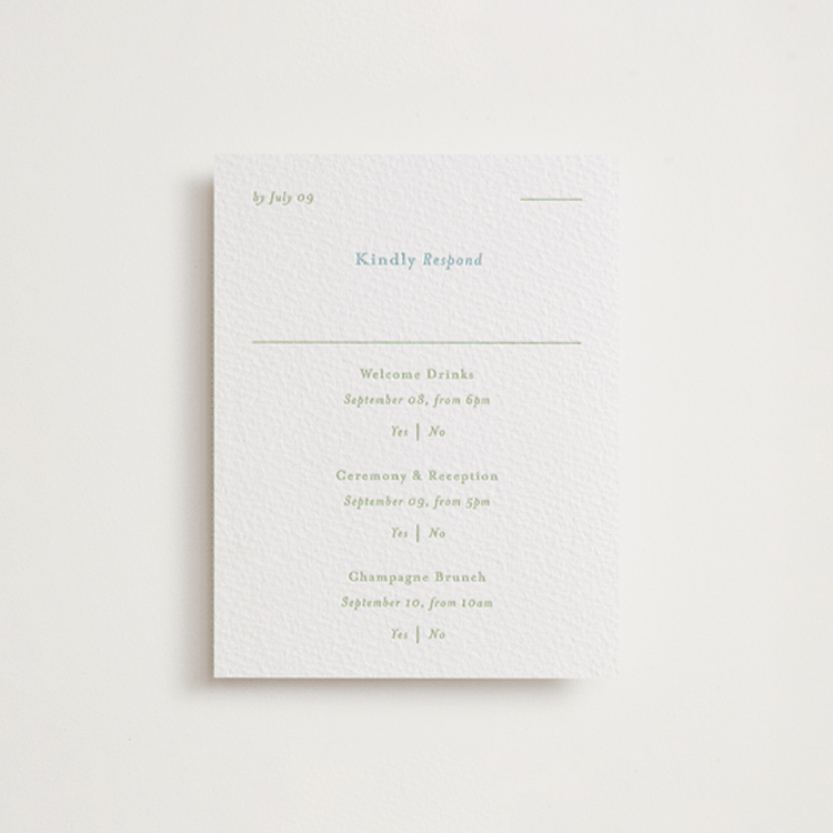 "Tuscany" - Letterpress Multi-Event RSVP Cards in Robin's Egg | Matcha by Blustery August - Front