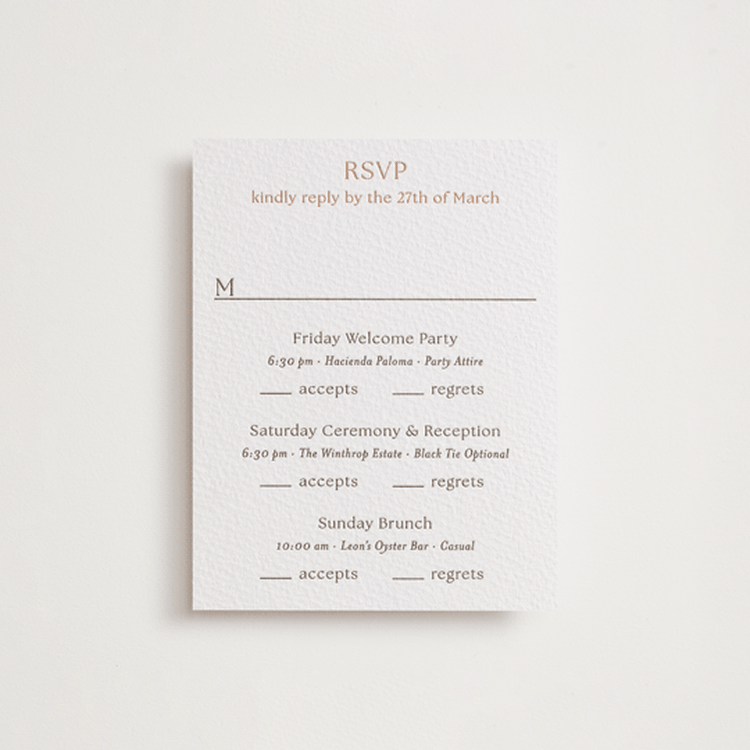 "Perriand" - Letterpress Multi-Event RSVP Cards in Cacao Bean by Megan Davis - Front
