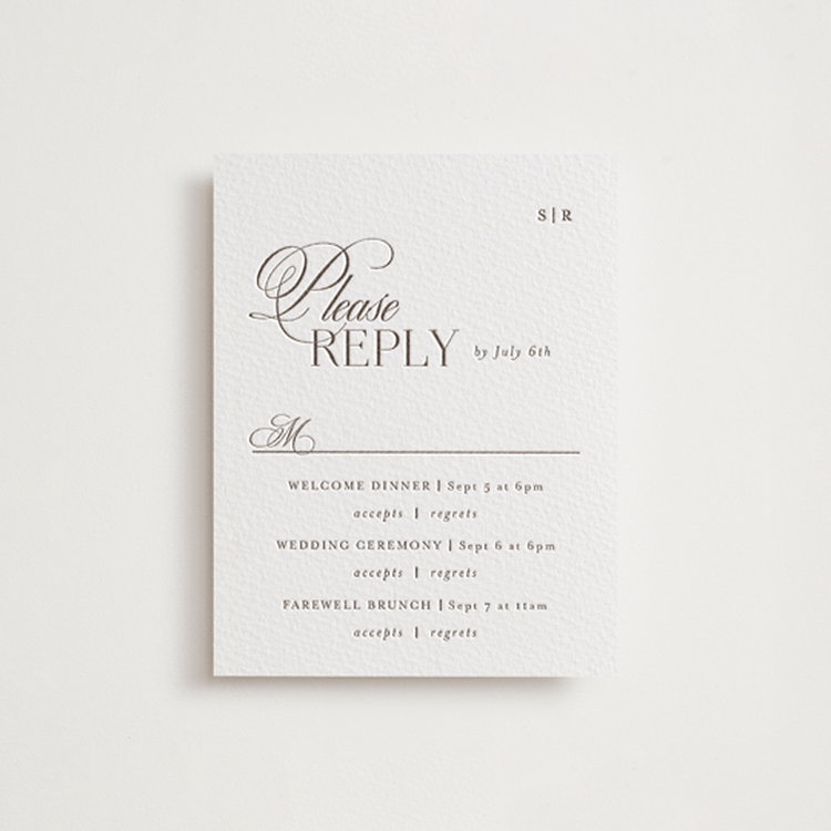 "Sibonie" - Letterpress Multi-Event RSVP Cards in Cacao Bean by Melanie Kosuge - Front