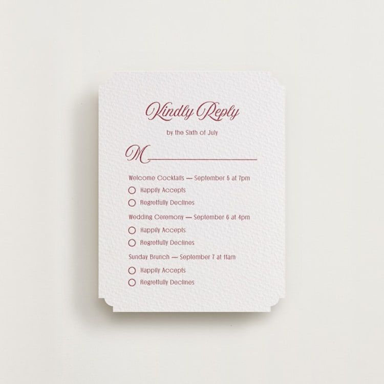 "Ritzy" - Letterpress Multi-Event RSVP Cards in Maraschino by Nicoletta Savod - Front