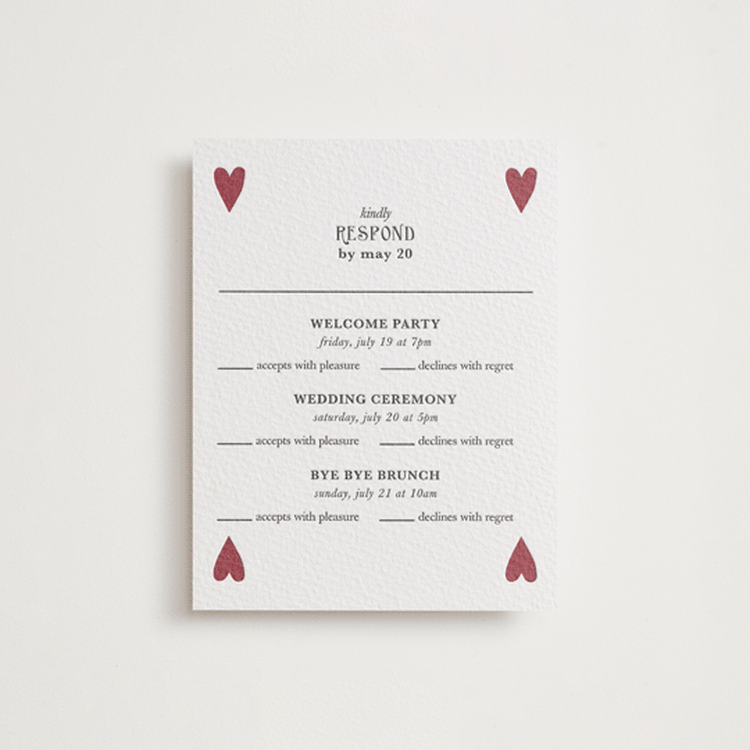"Red Hearts" - Letterpress Multi-Event RSVP Cards in Maraschino | Soft Black by Helena Vitto - Front