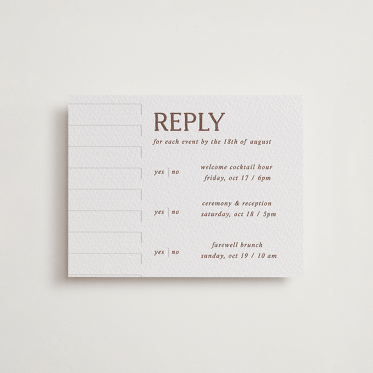 "Stripes" - Letterpress Multi-Event RSVP Cards in Burnt Sienna by Kelly Watkins - Front