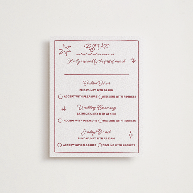 "Crazy Little Thing Called Love" - Letterpress Multi-Event RSVP Cards in Maraschino by Helena Vitto - Front