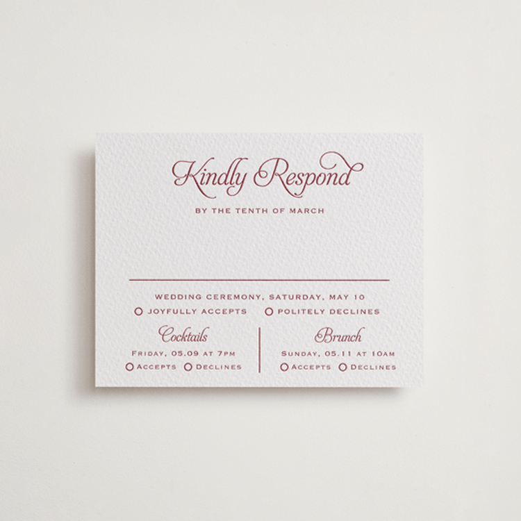 "Modernne" - Letterpress Multi-Event RSVP Cards in Maraschino by Carolyn MacLaren - Front