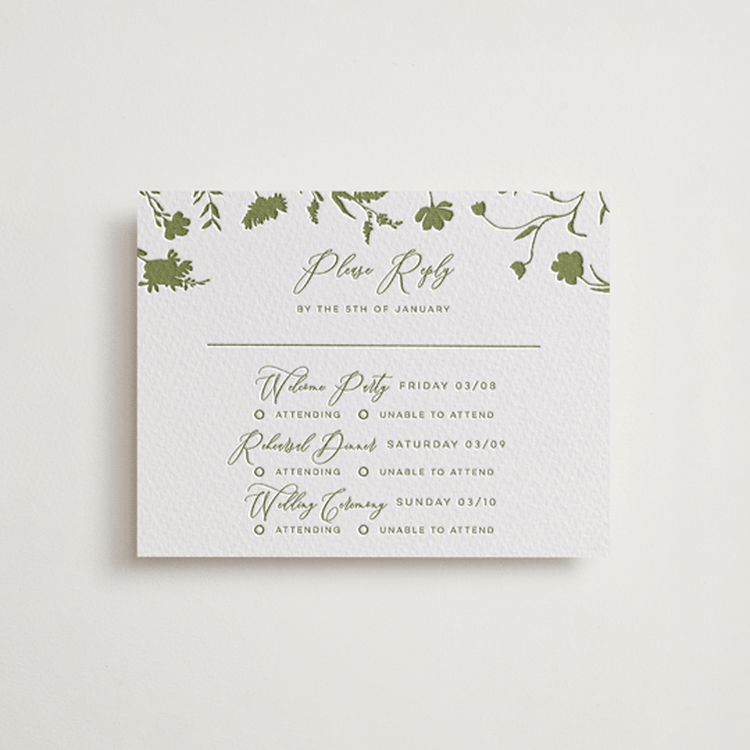 "Untied" - Letterpress Multi-Event RSVP Cards in Olive by Erin Hodges - Front