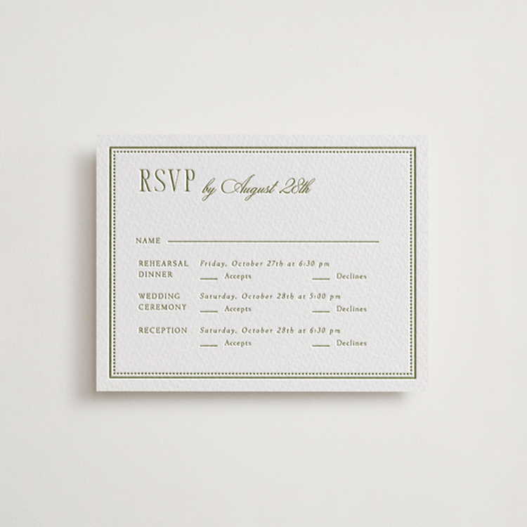 "Darcy" - Letterpress Multi-Event RSVP Cards in Olive | Evergreen by Robert and Stella - Front