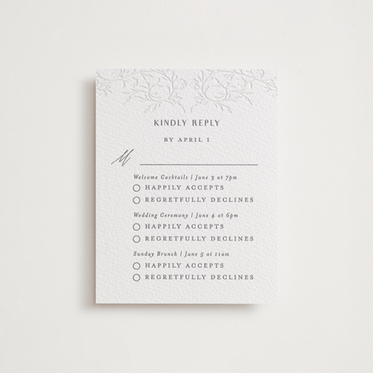 "Delicately" - Letterpress Multi-Event RSVP Cards in Smoke | Blind Deboss by Nicoletta Savod - Front