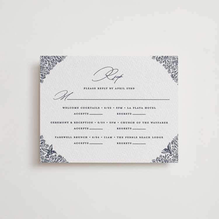 "Hummingbird Botanicals" - Letterpress Multi-Event RSVP Cards in Night Sky by Erin Deegan - Front