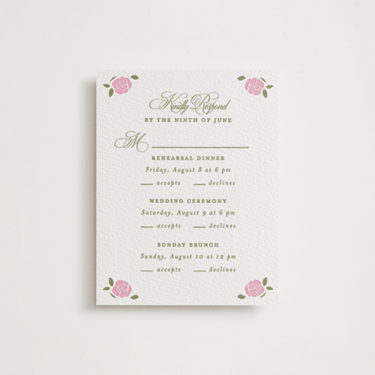 "Vintage Blooms" - Letterpress Multi-Event RSVP Cards in Olive | Lotus by Creo Study - Front