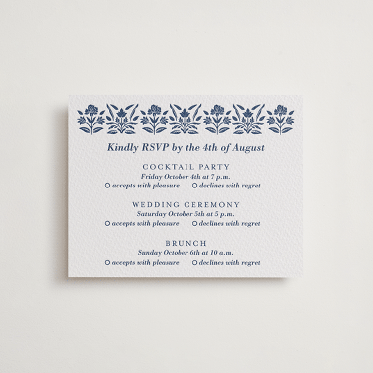 "Pressed Motif" - Letterpress Multi-Event RSVP Cards in Blueberry by Oma N. Ramkhelawan - Front