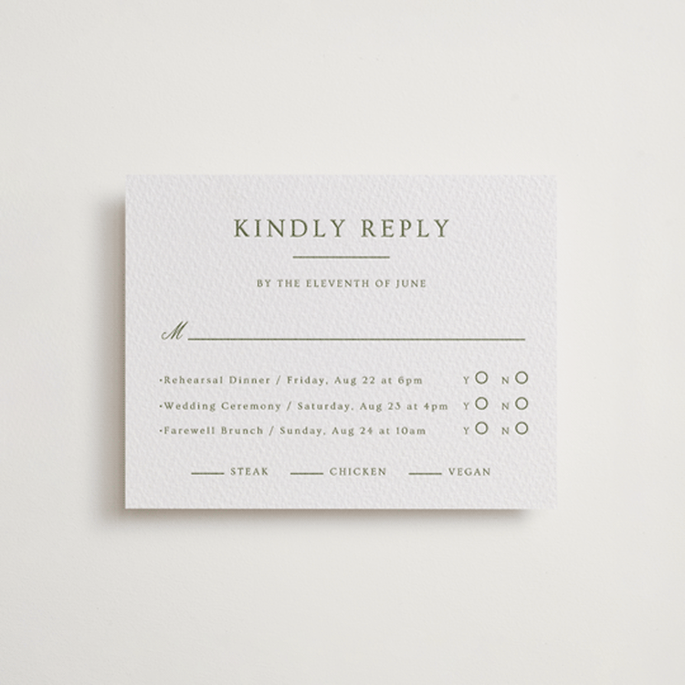 "Summit Meadows" - Letterpress Multi-Event RSVP Cards in Olive by Ana Sharpe - Front