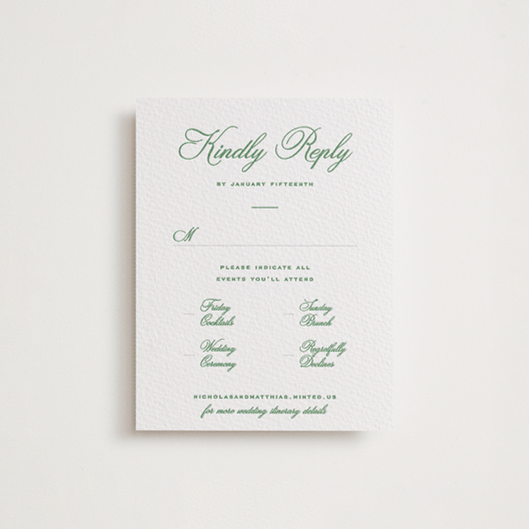 "Keepsake" - Letterpress Multi-Event RSVP Cards in Fern by Blustery August - Front