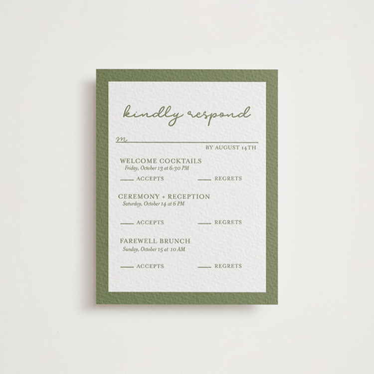 "The Verdure Suite" - Letterpress Multi-Event RSVP Cards in Artichoke by Brittney Jensen - Front
