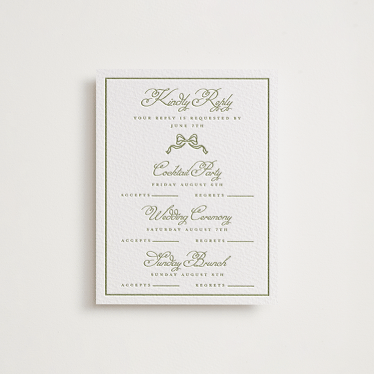 "Crestino" - Letterpress Multi-Event RSVP Cards in Olive by Petra Kern - Front