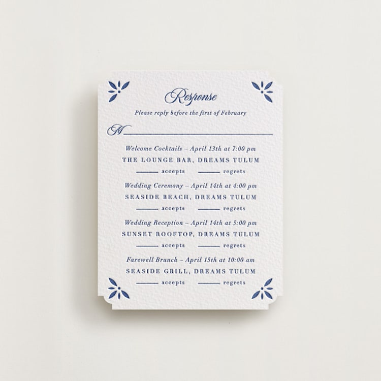 "Talavera Tiles" - Letterpress Multi-Event RSVP Cards in Lapis by Olivia Raufman - Front