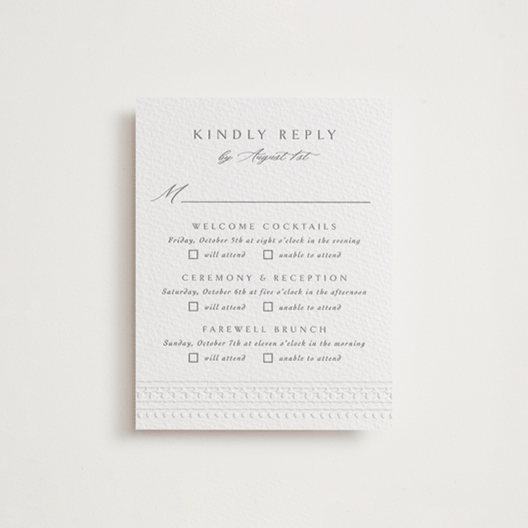 "Heirloom Needlework" - Letterpress Multi-Event RSVP Cards in Smoke | Blind Deboss by Meggy Masters - Front