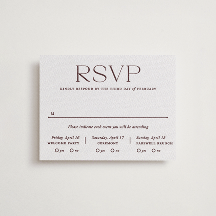 "Quiet Luxury" - Letterpress Multi-Event RSVP Cards in Clove by Oscar and Emma - Karly Depew - Front