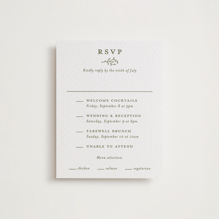"Garden Script" - Letterpress Multi-Event RSVP Cards in Artichoke by Katherine Moynagh - Front
