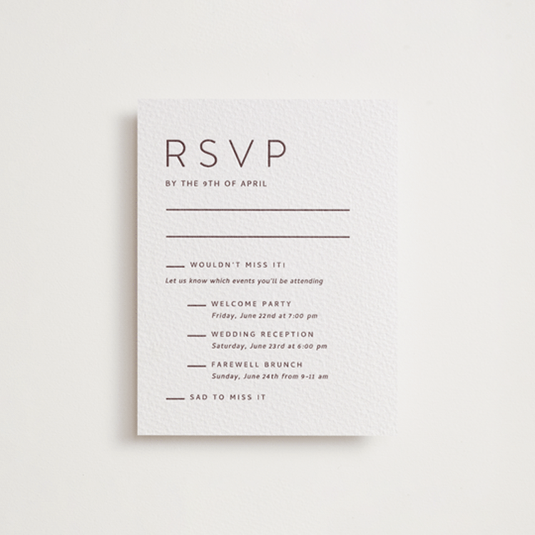 "Kismet" - Letterpress Multi-Event RSVP Cards in Clove by Alston Foster - Front