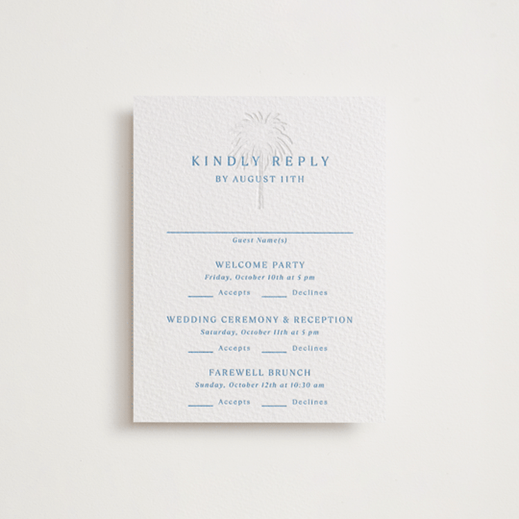 "Palm Tree" - Letterpress Multi-Event RSVP Cards in Marine Blue by Kaydi Bishop - Front