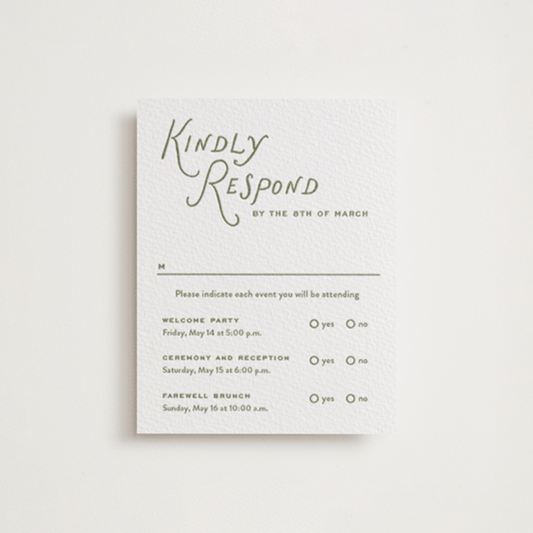"Marshland" - Letterpress Multi-Event RSVP Cards in Artichoke by Oscar and Emma - Karly Depew - Front