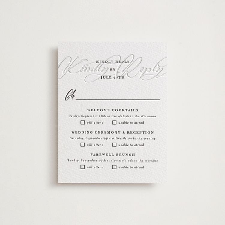 "Bespoke" - Letterpress Multi-Event RSVP Cards in Soft Black | Blind Deboss by Meggy Masters - Front