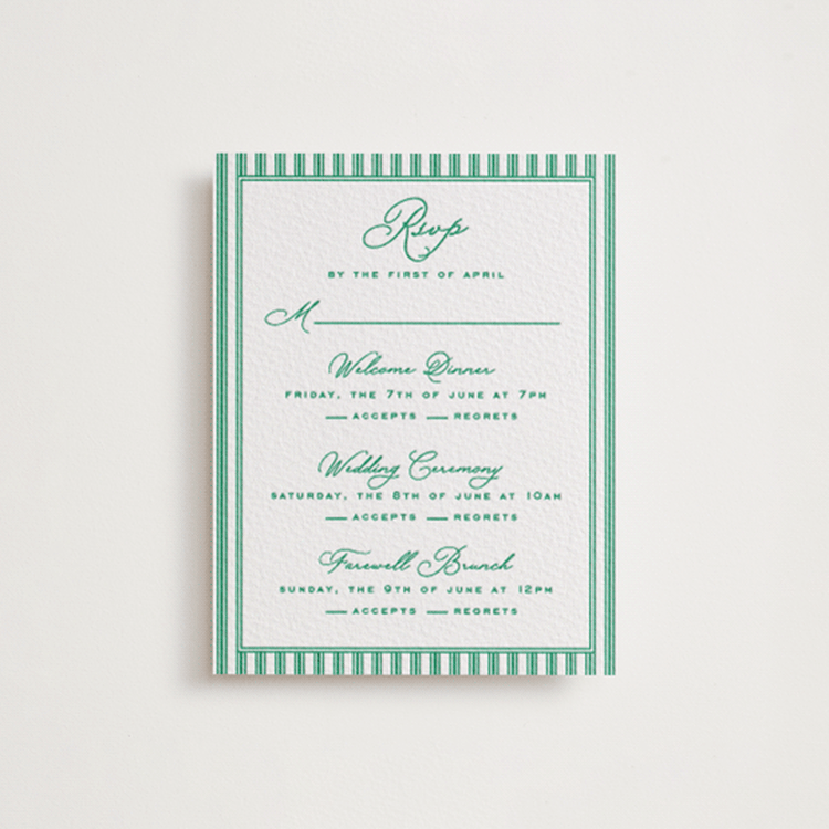 "Lakeview" - Letterpress Multi-Event RSVP Cards in Racing Green by Claudia Orengo - Front