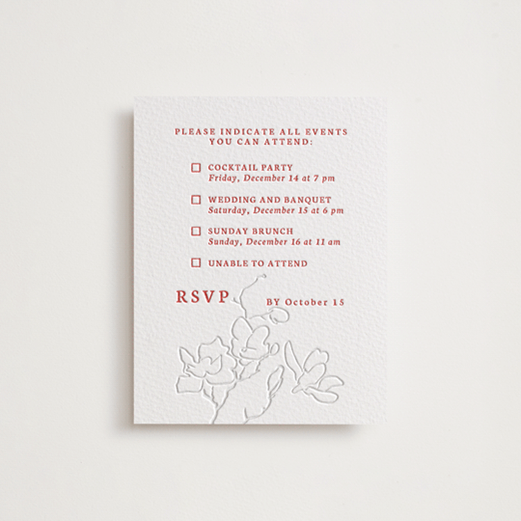 "simply happy" - Letterpress Multi-Event RSVP Cards in Ruby by Deborah Chou - Front