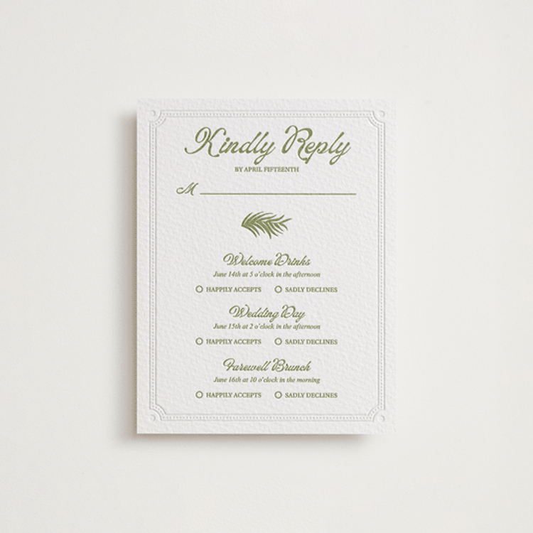 "Palm Shade" - Letterpress Multi-Event RSVP Cards in Olive | Blind Deboss by Julia Liverton - Front