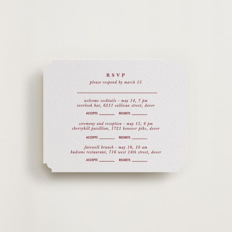 "Classic Cherries" - Letterpress Multi-Event RSVP Cards in Maraschino by Charter Oaks Creative - Front