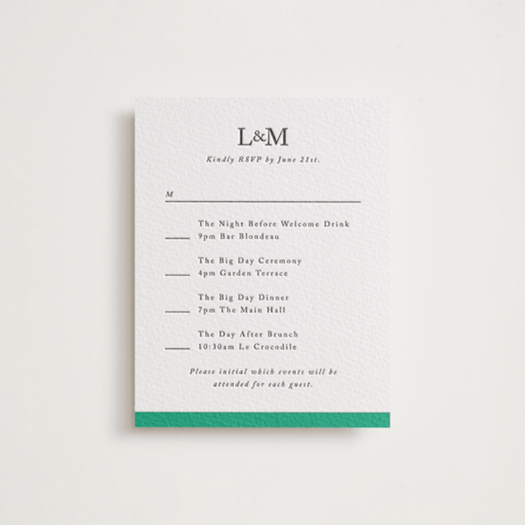 "Classic Initials" - Letterpress Multi-Event RSVP Cards in Soft Black by mo kelley - Front