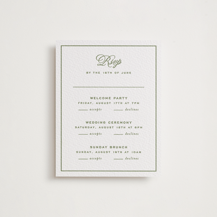 "rory" - Letterpress Multi-Event RSVP Cards in Olive by Ellen Schlegelmilch - Front