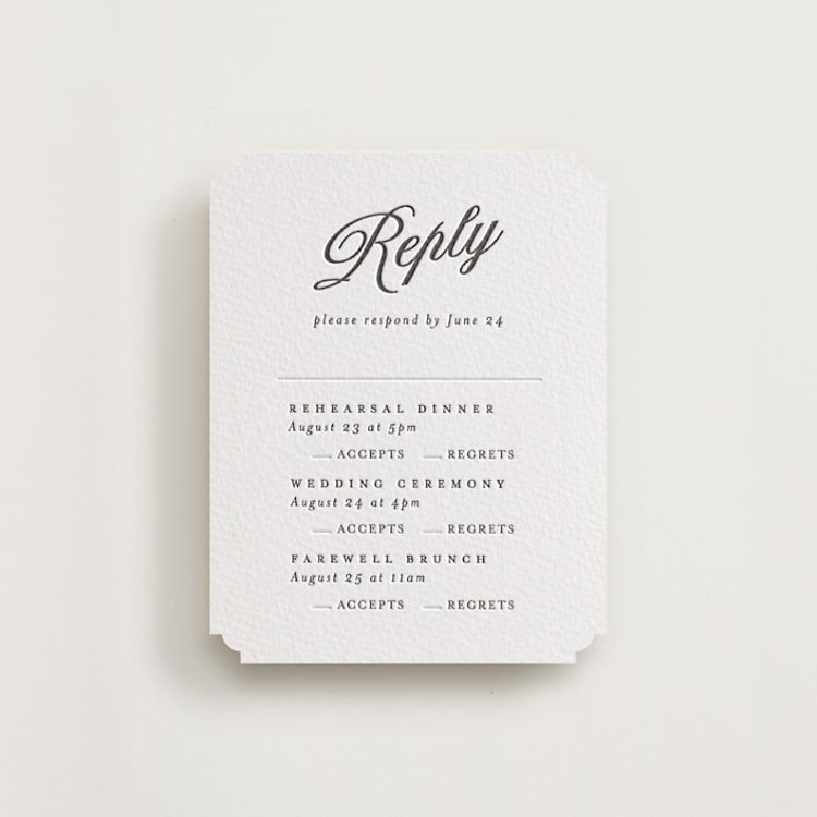 "Tux" - Letterpress Multi-Event RSVP Cards in Soft Black by Nicole Walsh - Front