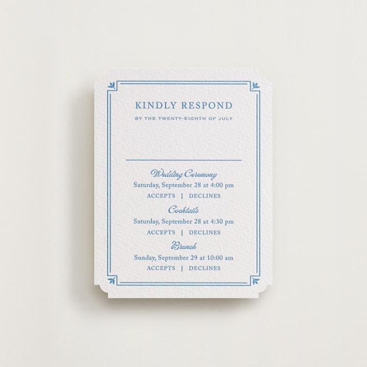 "Fleur Corner" - Letterpress Multi-Event RSVP Cards in Marine Blue by Carolyn MacLaren - Front