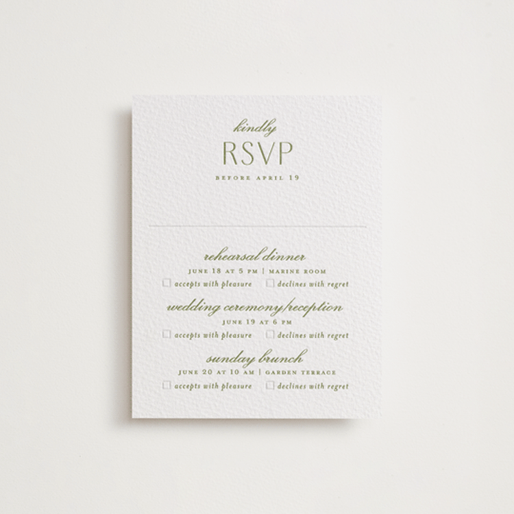 "Chantilly" - Letterpress Multi-Event RSVP Cards in Pistachio by Erica Krystek - Front