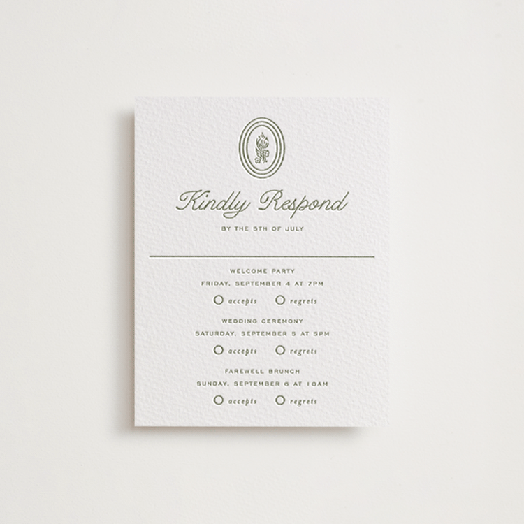"Court" - Letterpress Multi-Event RSVP Cards in Artichoke by Kate Ahn - Front
