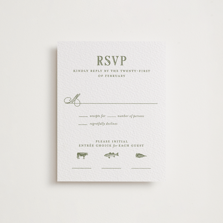 "Hepburn" - Letterpress RSVP Cards in Artichoke by Megan Davis - Front