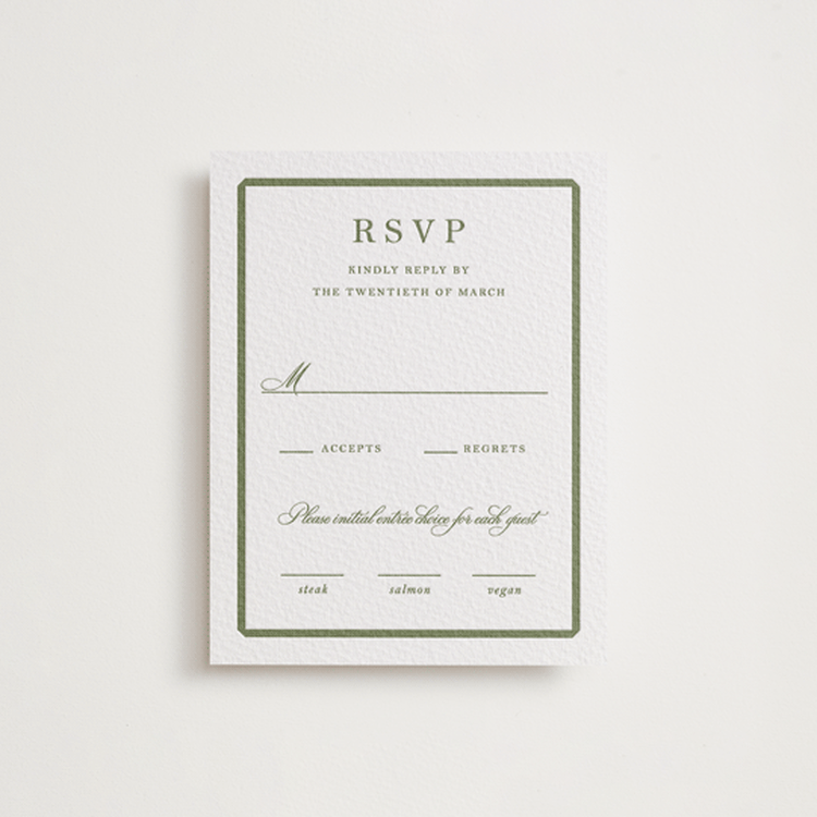 "Bevel" - Letterpress RSVP Cards in Artichoke by Megan Davis - Front