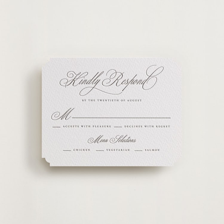 "Calligraphie" - Letterpress RSVP Cards in Graphite by Wildfield Paper Co - Front